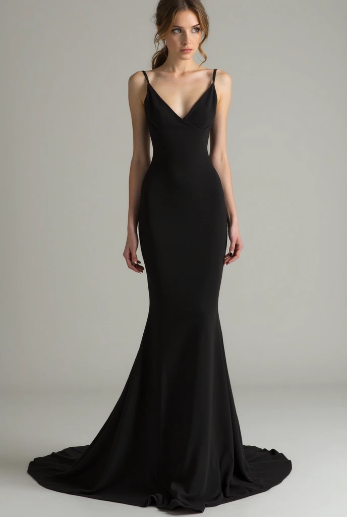 Brunette woman in a black flared dress to the knees and thin black heels.. No necklines and elegant. Full body and hair up