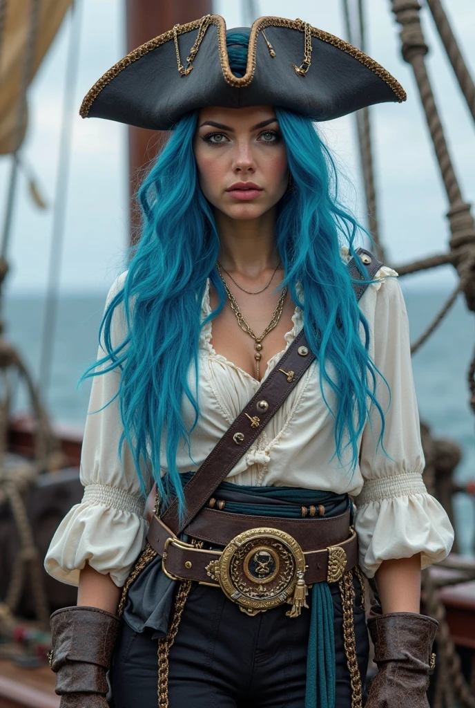 A female pirate with piercing blue eyes, long flowing hair, pink and purple hair, a long coat, sailing on a ship in dark waters, dramatic lighting, rich colors, digital art, highly detailed, cinematic, photorealistic