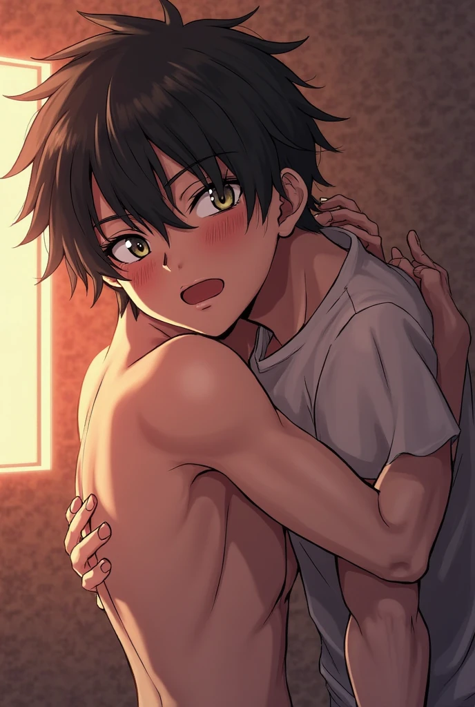 score_9, score_8_up, score_7_up, source_anime, highly detailed,skinny, slender, male focus,upper body,nipple tweak, grabbing from behind, interracial, nude, 2boys, standing,hands up,nude,heavy breathing, sweat, nose blush drooling,open mouth,orgasm,embarrassed, faceless male,Inaho Kaizuka,brown eyes,black hair,motion lines, speed lines,trembling,