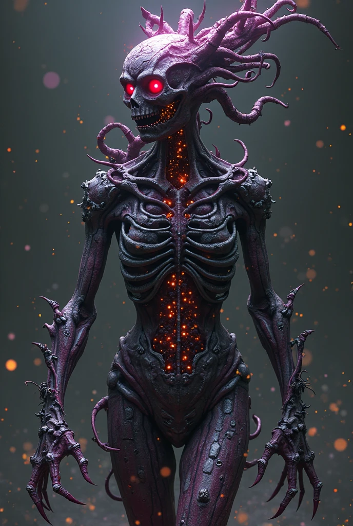 (medium full shot) of (fantastical hybrid creature) with iridescent pink skin, vines on the body, talon-like claws, elongated skull, tentacles, glowing veins, fungal spores, in set in a harsh wasteland, where the scorched earth supports only the hardiest of plants, their gnarled forms testament to the unforgiving climate , Masterpiece,best quality, photo, realistic, very aesthetic, detailed face,