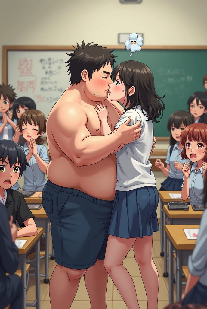 Japanese high school girl with straight black hair and sumo wrestler。
A painting that looks like a photograph。
The uniform is a light blue shirt.。
The skirt is dark in color with a navy blue and gray check pattern.。
Skirt length is shorter than above the knee。
The length of the hair is very long。
The bangs are neatly trimmed and cover the eyebrows.。
Nogizaka46-ish. Seen from the right. Height 180cm.。 モデルっぽい どちらも顔が見えるように A painting that looks like a photograph