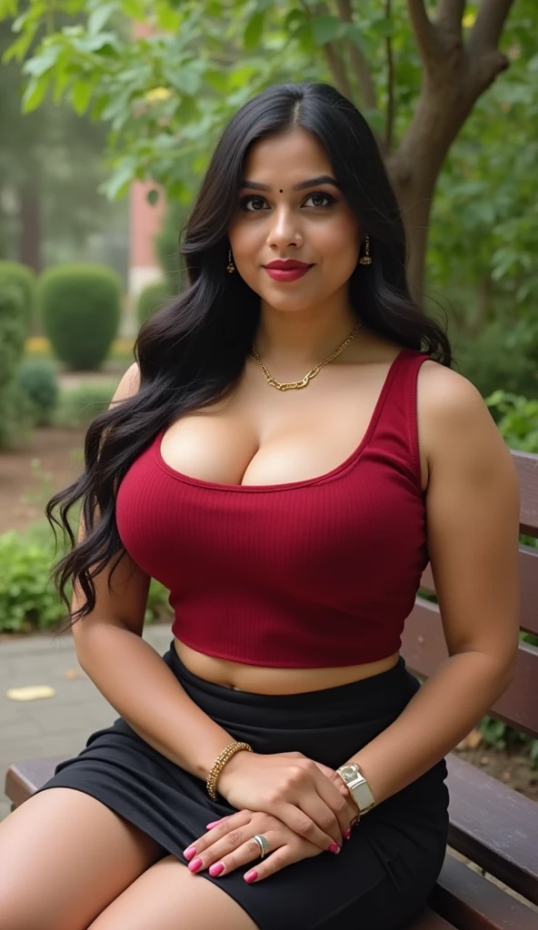 (best quality)), ((masterpiece)), (detailed), perfect face, Envision an art drawing of a female with dark black hair styled in a open free silky manner, her eyes adorned with smoky eyeshadow and dramatic eyeliner, pink bra and panty under micro skirt, (microskirt: 1.2), seductive smile, her curves, huge breasts, slim waist, curvy figure, proportionate hips, huge breasts. Use a dimly light setting to enhance her mysterious charm. red lips, in a park sitting on a bench, perfect hands, intricate detailed fingers