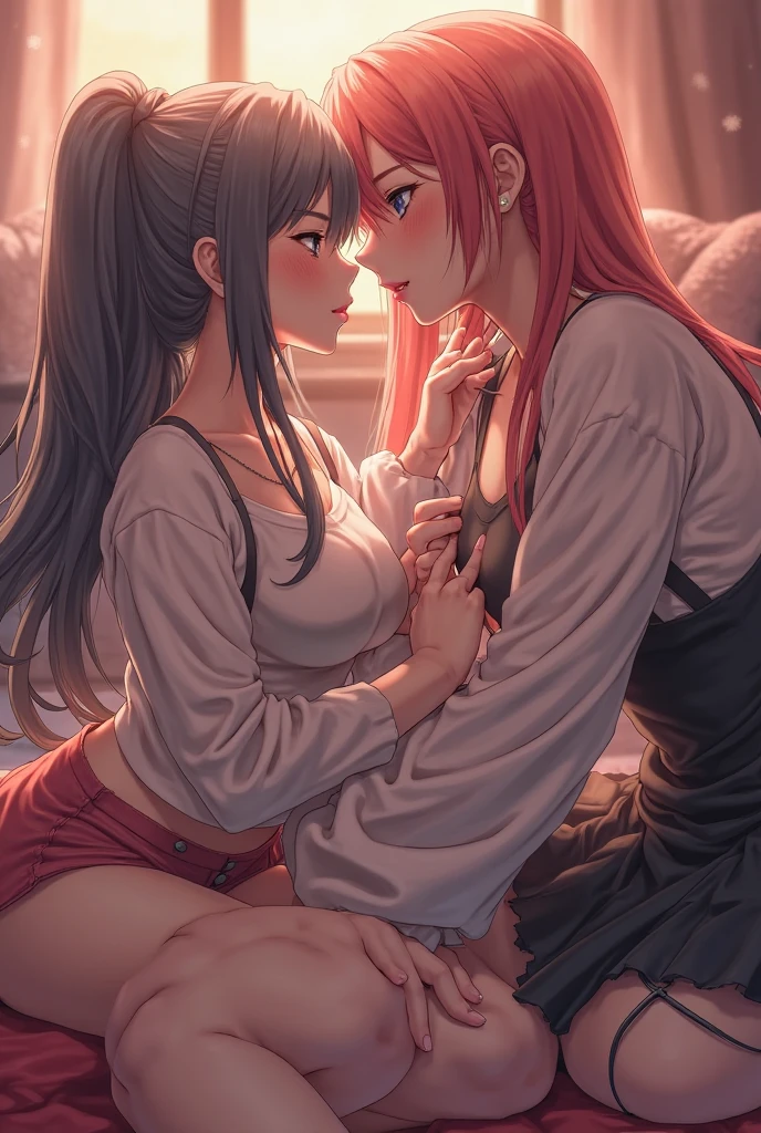 Masterpiece, best quality, best lights and shadows of Studio, 8k, hdr, 2 women, they are Makoto and Yukiko , from the game persona, one is consoling the other with a tight hug, perfect anatomy, perfect hands, perfect arms, perfect legs, sideshot, looking at each other, crying, Sakura has pink hair, Ino has blond hair, konoha Village clothes style