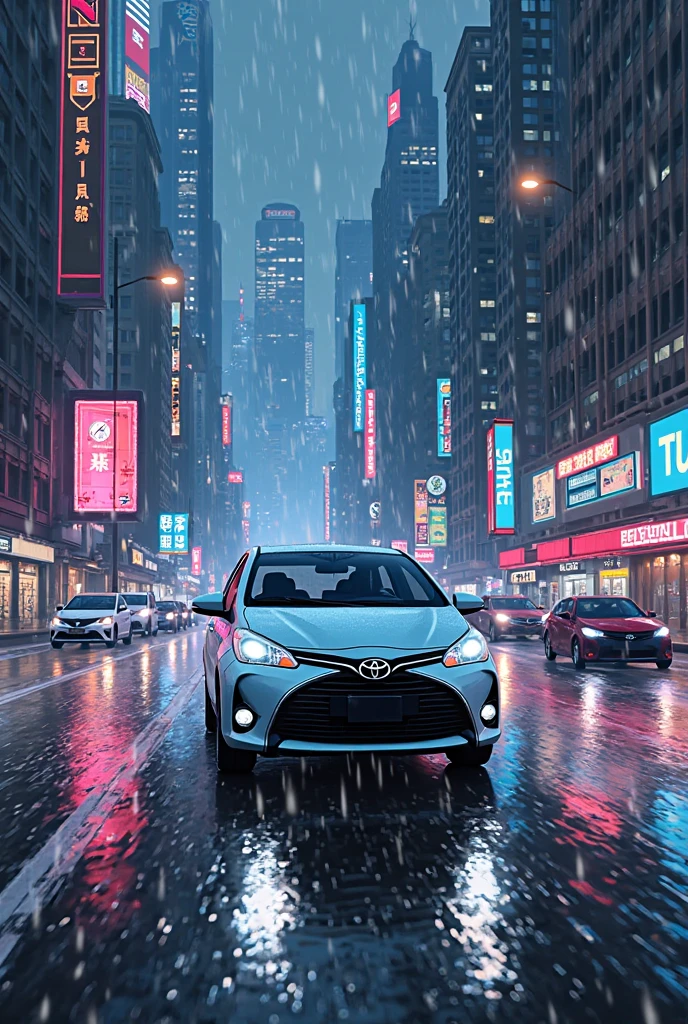 Toyota vios in night cityscape background with a man who is sitting at the background
