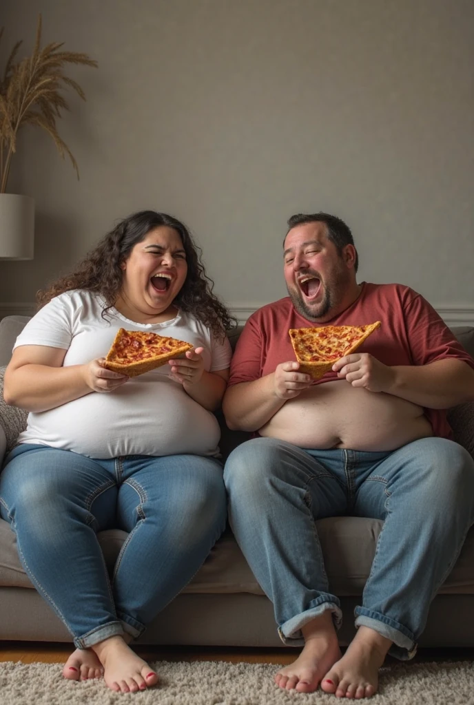 Create a powerful scene depicting a role reversal where a once-handsome, muscular man has become extremely overweight, losing all his muscle tone, while the woman who was previously overweight is now athletic, slim, and toned. The woman is laughing joyfully, her face radiating confidence and amusement as she feeds the man fatty, greasy food. She is wearing tight-fitting athletic clothing that highlights her transformed physique. The man, in contrast, appears sad and fearful, his face showing clear signs of discomfort and anxiety as he slouches under the weight of his large body. The background, a dimly lit living room or kitchen, further emphasizes the stark contrast in their physical appearances and the power dynamics between them.