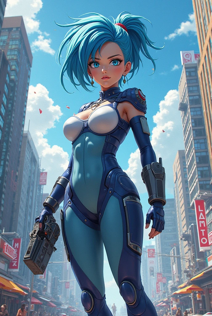 Award-winning photo from the waist up, blue-haired woman showing her face, alone, from the torso up, with cybernetic enhancements with tattoo of magical symbols, in front of cyberpunk buildings, vibrant, photorealistic, hyperrealism, strong impressionist painting style, 1,618, elegant, ethereal, intricate, elaborate, hyper-realism, hyper-detailed, strong expressiveness and emotionality, cinematic lighting, visual clarity