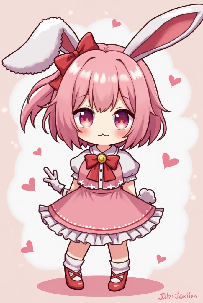 create me a picture of a girl who is , and wearing a no sholder top, and the top has a Print of Heart on it, and she wears a skirt till her knee, and she is wearing long white socks. bunny like ears and she is giving a veryyy cute pose. and think that she is the cutest girl in the universe