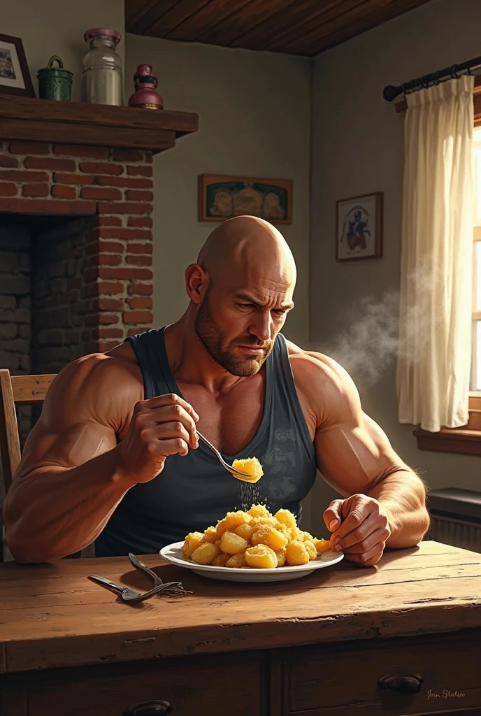 An extremely muscular man, with veins protruding from his powerful muscles, and red hair and beard. He is holding a glass and pouring water into it with a glass jug, in the background the kitchen of a house