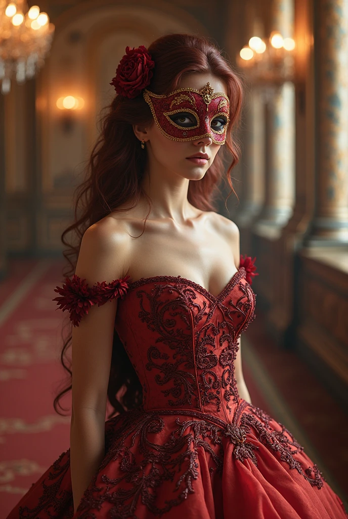 Redhead woman in ball gown and mask, fully body 