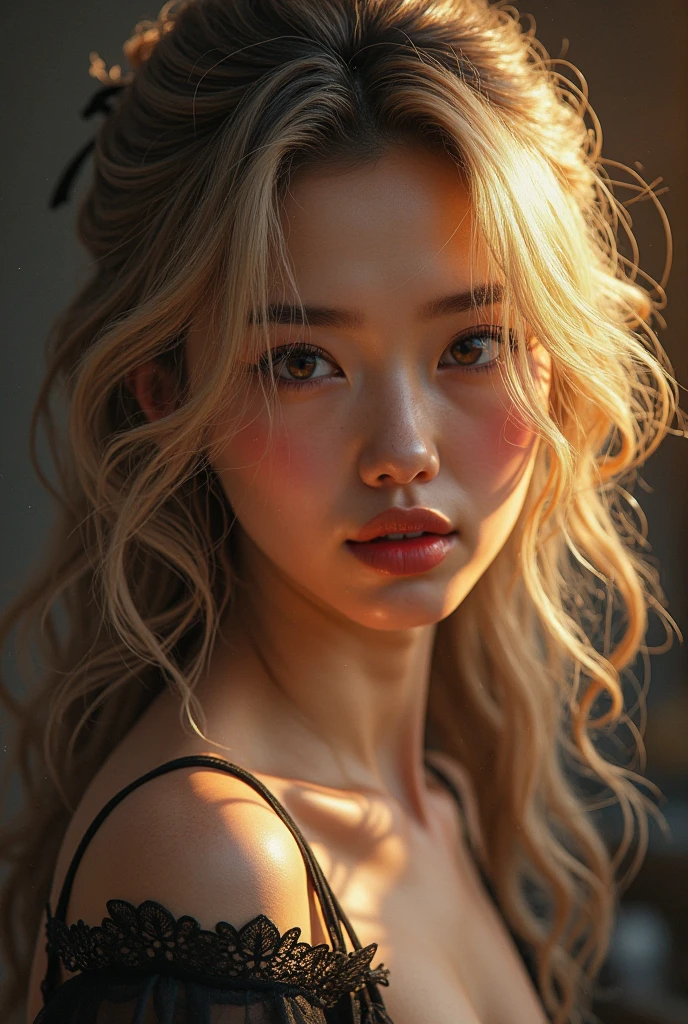 a beautiful asian girl with long blonde hair, wearing a white tank top, fair skin, detailed facial features, detailed eyes, detailed lips, golden hair, white clothing, bright skin tone, cinematic lighting, photorealistic, 8k, high quality, digital art, concept art, detailed environment, serene outdoor garden setting, warm color palette, natural sunlight, depth of field, soft focus, intricate details