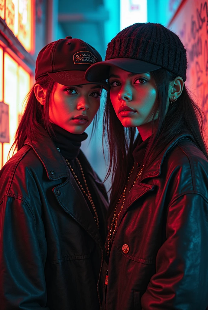 👭, 2 chinese girl, pale_skin, random color hair, black cosmetics, oversized orange shirt, (bottomless), random basic pose, against random epic background