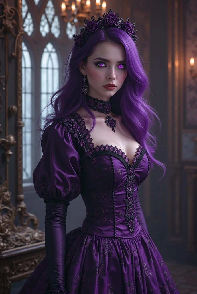 sexy girl, long purple hair, very sexy gothic dress, stockings, medium breasts, bats, candles, night, large window, magic, fantasy,(best quality, 4k, 8k, high resolution, masterpiece: 1.2), ultra-detailed, (realistic, photorealistic, photorealistic: 1.37), details intricate, vivid colors, sharp focus, professional, surrealism oil touch,  portrait, woman, beautiful detailed eyes, beautiful detailed lips, dreamy atmosphere, shadow play, lighting soft, fun pose, dark tones, ethereal background, fantasy elements, texture, layered composition
