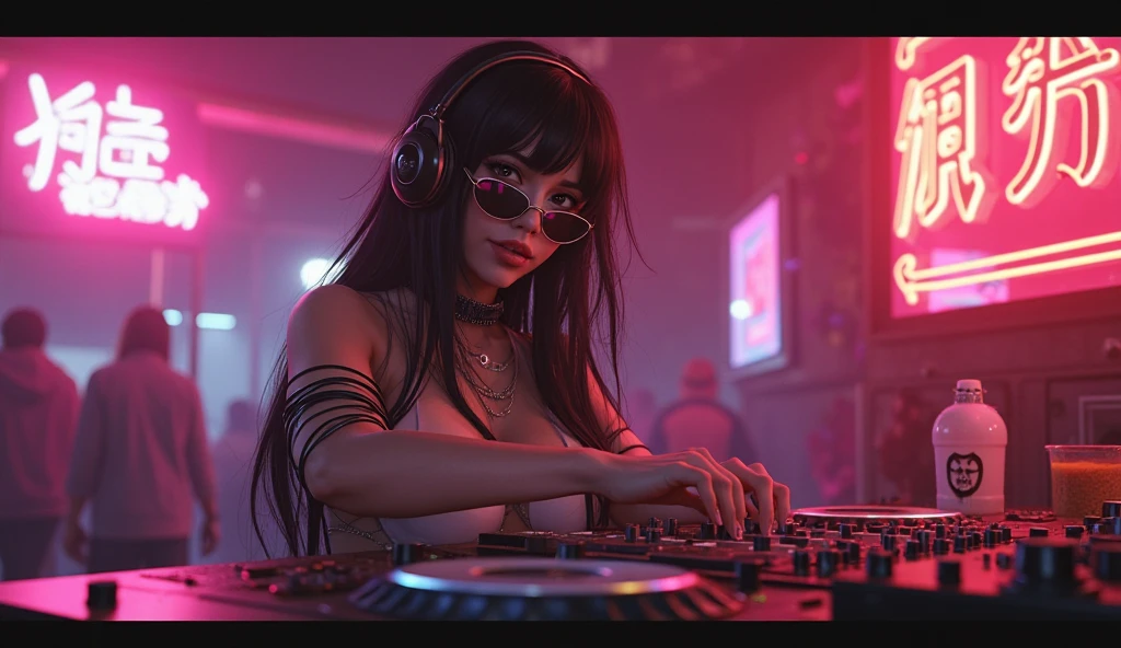 Futuristic female DJ She has an "Eye of Horus" egipcian tattoo on the arm, Add a bold, neon "Tangos Vandals" sign in the scene.