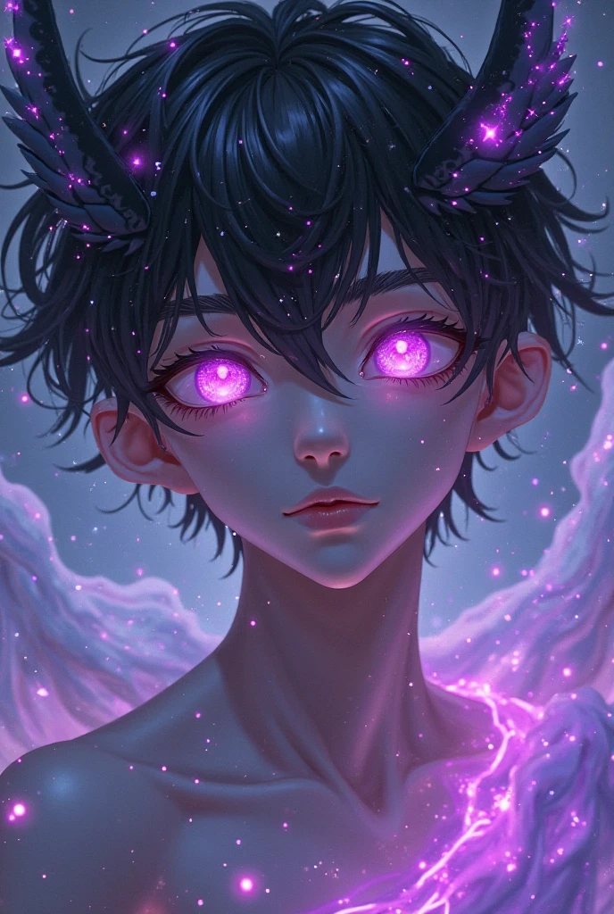 A teen boy with pink hair a purple fire halo and pink eyes he doesn't have clothes and he's blushing and his mouth is open