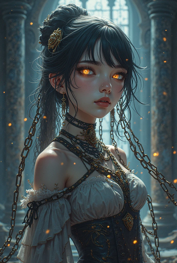 (Best picture quality, 4K, 8K, High resolution, Masterpiece: 1.2), ultra detailed, realistic: 1.37, a close-up of the head of(( A metal skeleton parasitized by a fantastic transparent jellyfish)), an altar composed of abstract twisted roots pulling a very large (mysterious skull made of metal), glowing eyes, a spooky waterfall above the skull, (rainbow, rainbow around the skull), full of energy, circular composition illustrates the effects of various structural forces, alone, (steampunk decorative elements, gear, and other elements). Pointers, chainantastic decorative combinations,