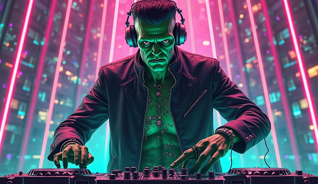 DJ FRANK JR and DJ FROSTI needs an artwork for a club event, the Name is LOVE ON DECKS, the name of this 80's and 90's party is a pun of cruise ship and DJ turn tables. Include Frankenstein and his bride