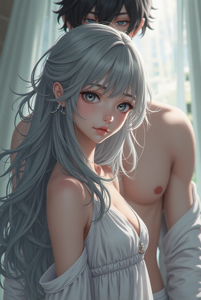 1Girl, Solo, Anime, Ideal body, (Cleavage, Small breast:1.2). Beautiful, Gorgeous, Fresh, Young, Blunt Bangs, (White Grey Hair:1.5), (Braided Straight and Wavy Long Hair:1.3), Beautiful Cloth, Undergarment. (Sexy Seiza:1.3). Earrings, Thin Black Headband, Green Accessories, Environmental Details, Bed Room, Natural Light, Modern Bed, Chair, Window, White Curtain, City View. pov, anime style, UHD, retina, masterpiece, accurate, anatomically correct, textured skin. High Resolution, Looking at the Viewer, Blush, Best Quality, Award Winning, Accurate, Embarrassed, seductive smile, sweating, naughty smile, Naughty Face, Naughty, Gradient Eye Color, Tongue Out, Open Mouth, Eye Level, Cowboy Shot, (sticky goo on breast), (white goo on body), (sweating). (white goo on the breast),.