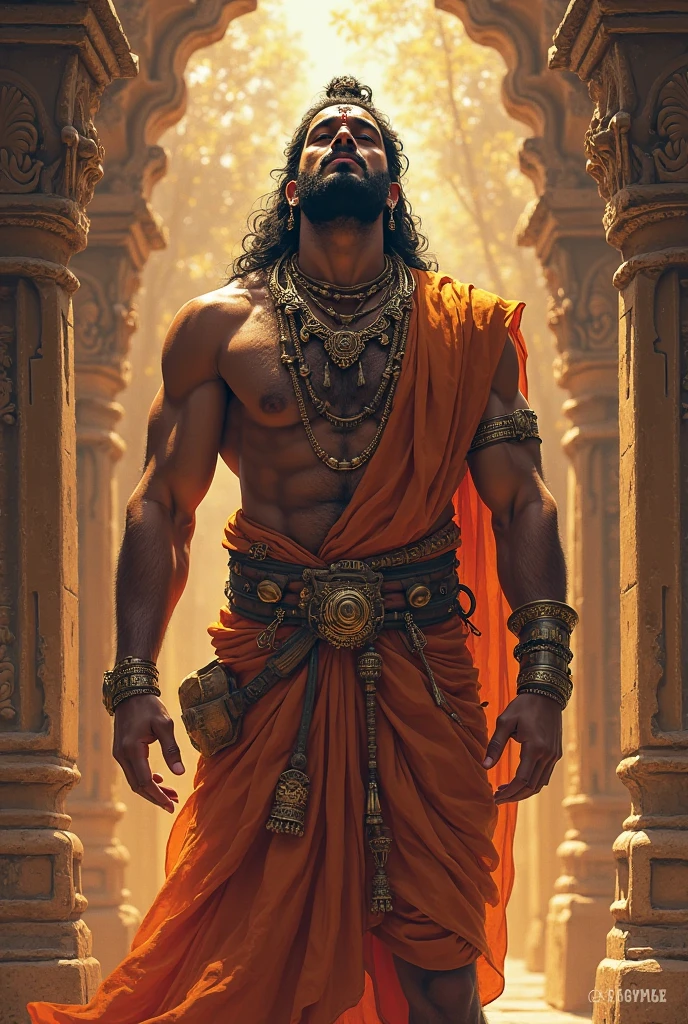 Make me images of duryodhana from mahabharata sitting on one leg facing downward having weapon in hand.make this image in painting style