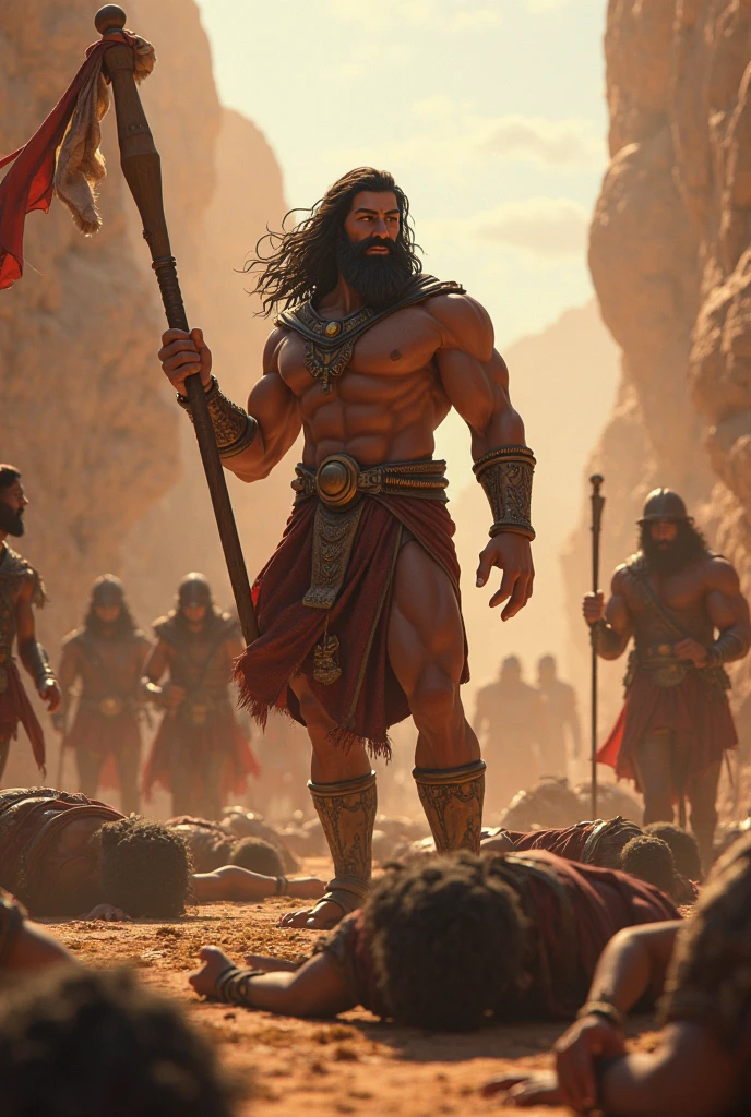 A bulky man, muscular Indian warrior named Bheema, Mahabharata, captured from a distance in an evening post-war scene, holding a round golden mallet, backlit by a foggy and burning ruins, (best quality,4k,8k,highres,masterpiece:1.2),ultra-detailed,(realistic,photorealistic,photo-realistic:1.37),dramatic lighting,cinematic composition,epic fantasy,detailed muscular body,intense expression,Mahabharata,battlefield,dramatic smoke and fog,warm color tones,dramatic atmospheric lighting, dead bodies fallen, bloody, chariots fallen, horses running in background, people fighting in background