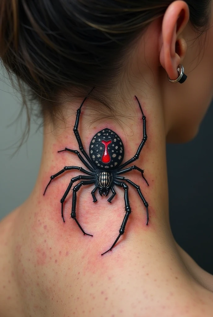 Tattoo of a fine style spider climbing on the right side of the back with a realistic and dark style in small size