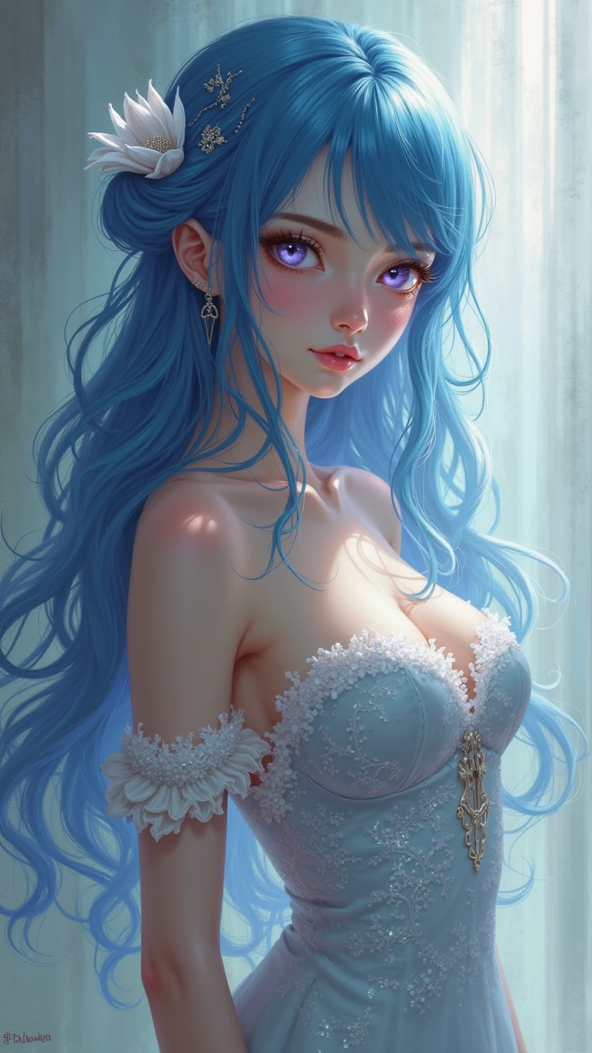 Light blue hair, turquoise eyes, long eyelashes, big red lips, apricot eyes, beauty, girly, curly hair, Princess