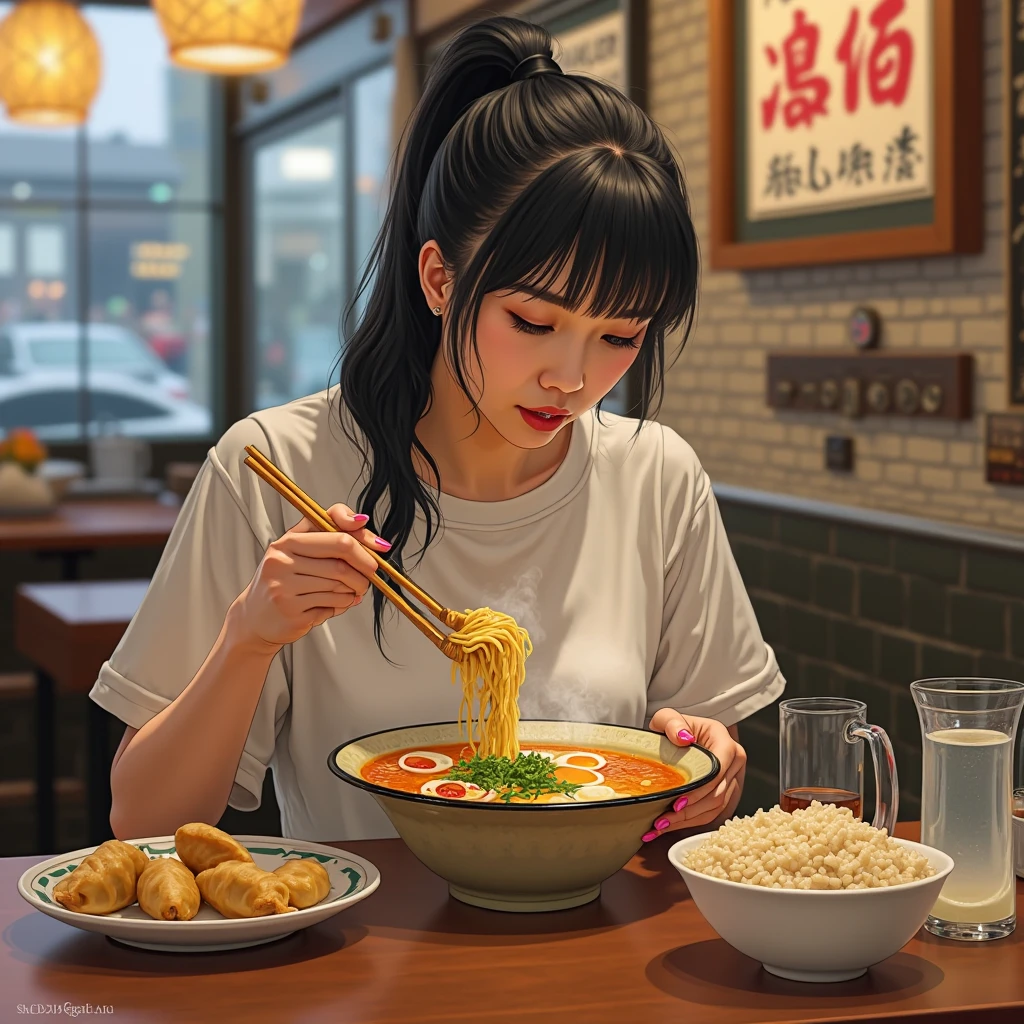 there is a woman sitting at a table with a plate of food, closeup at the food, 🤬 🤮 💕 🎀, yummy, mukbang, eating noodles, food blog photo, eating, very tasty, ❤🔥🍄🌪, people inside eating meals, exclusive, realistic masterpiece, by Tom Wänerstrand