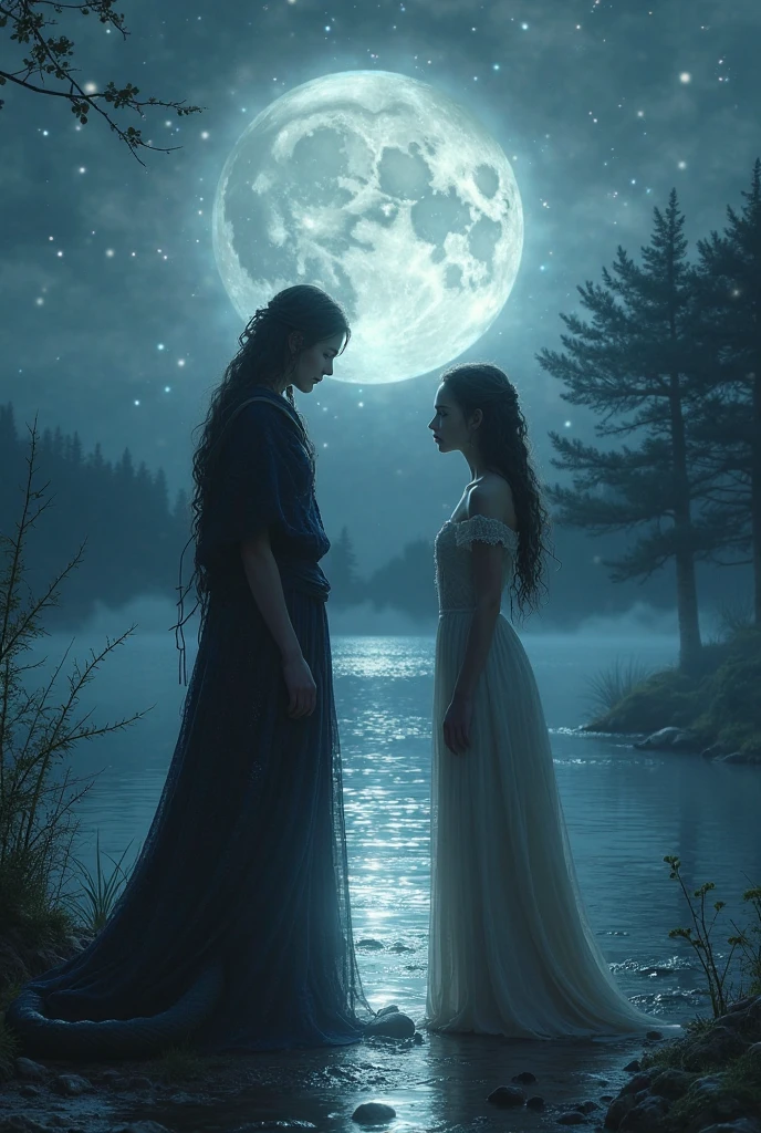 a portrait of a female druid standing with her husband near a window in a palace watching at night to the moon goddess, an exquisite beautiful woman, an exotic beautiful druid, priestess of nature, ultra feminine, full body, busty woman, most beautiful face ultra detailed face, ((anatomically correct: 1.5)) ultra detailed face, dynamic hair color, dynamic hair style, dynamic skin complexion, (best detailed face: 1.5), wearing a long robe, watching at night to the moon goddess, it is night time, the moon is full. enchanted moon, divine moon, some stars, the night sky are in shades of black, dark blue and purple, some clouds, divine rays, moon rays, fantasy palace of nature background, a river running near the temple, the moon reflected in the water, vibrant, Ultra-high resolution, High Contrast, (masterpiece:1.5), highest quality, Best aesthetics), best details, best quality, highres, ultra wide angle, 16k, [ultra detailed], masterpiece, best quality, (extremely detailed), 