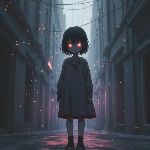 9 year old girl, wearing a floral dress, standing on the side of a highway, macabre look, horror film photography, night scene, perfect eyes