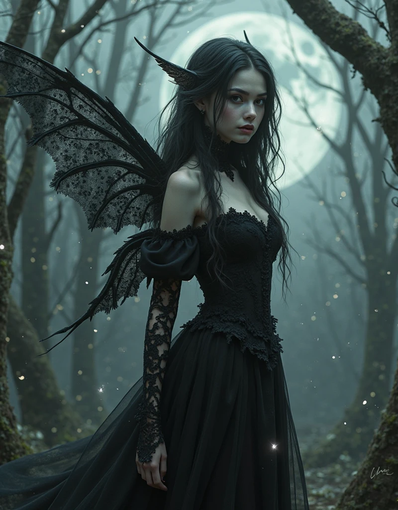 blood is stirring and my soul is shaking art, true evil baptized, blame rain glow, 1 female, intricate detail gothic dress, wake me up from in the dark, dim acid wish, dim mercury wish, intricate insane details, 2D game inspire, fused forest punk and fairy background detail,