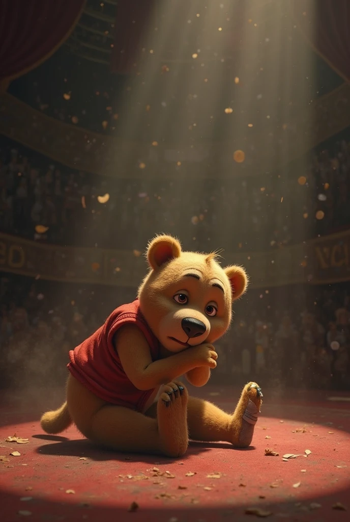 People fighting at Disney world in background with medium build male standing with short brown hair over Winnie the Pooh on the ground