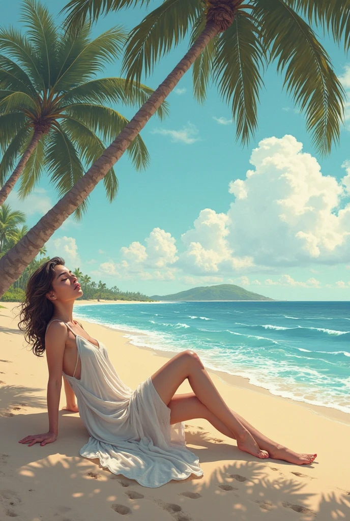 ((最high quality, 8k, masterpiece: 1.3, Ultra HD, high quality, 最high quality, High resolution, realism)) 、Beautiful 18 year old Caucasian female、Hair color is black、Iridium Hair、Hair is wavy、smile、I want to keep my head out of the screen.、sit on a high breakwater on the beach、The blue sky is beautiful、There is a cloud at the entrance、that'summer、I'm wearing a sailor suit、Wearing a navy blue pleated skirt、Wear loafers、There is a road in front of the breakwater.、There is a sign indicating the bus stop.、The sea is beautiful、Beautiful Horizon、An island can be seen offshore