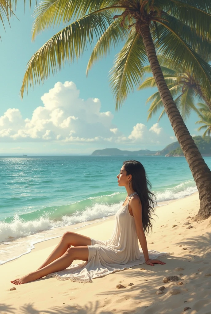 brunet Asian sexy woman sitting in a beach near the sea at sunset