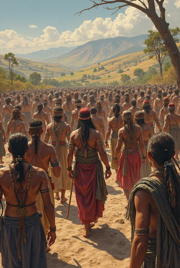 A group of indigenous people walk away, with expressions of fear and anger, while Europeans begin to occupy the space with more force.