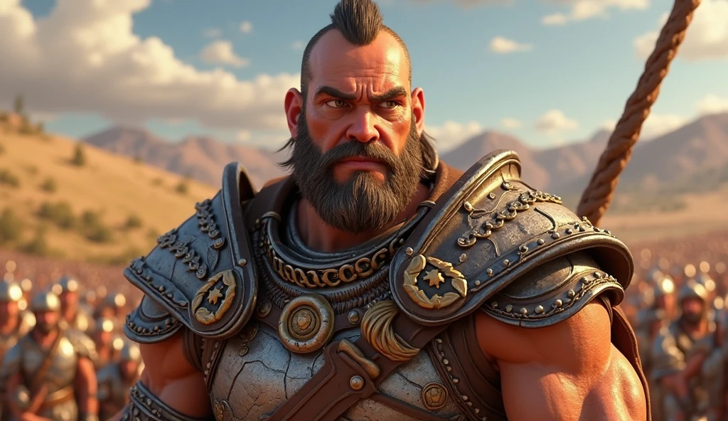 A very strong viking warrior, wearing a viking helmet,in a battlefield, holding an axe, pixar artstyle, fierce eyebrows, cinematic rim light, very thick neck, intense action, dynamic juxtaposition, young warrior, very high quality face, desert game, exploitable image, face neck shoulders, tall strong man, long windy hair, stylized dynamic folds, angry man, Pixar artstyle