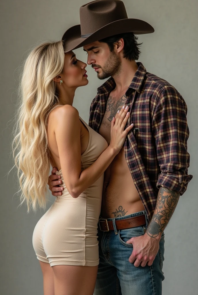 (One beautiful 18 year old Emily Sears with fine features and wavy very light blonde hair) (she is naked he is clothed) (she has a n arrow waist and athletic body. Looking intently at the camera. Large breasts) (one Scandinavian 60 year old athletic male, with full white beard and slicked back hair, wearing tweed waistcoat, blue shirt with rolled up sleeves, revealing tattoos, jean trousers) (man hugging woman from behind. Both facing the camera)  ( bare room with aqua-coloured walls) 