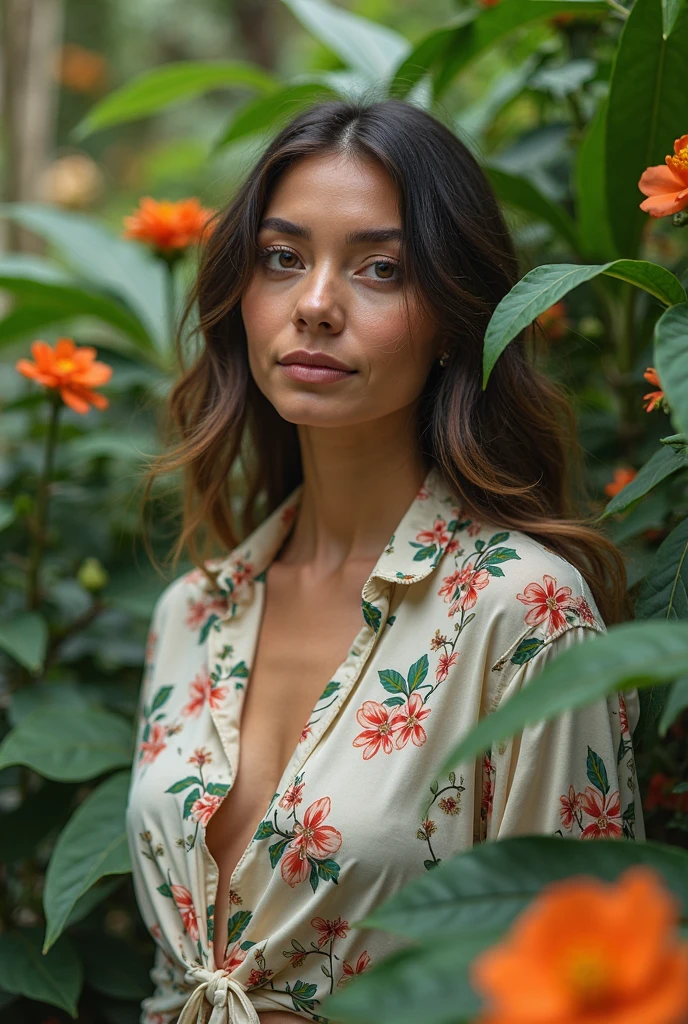 A Brazilian woman in a lush tropical garden, wearing an open shirt with a floral print, with a close-up capturing the harmonious beauty between her breasts and the natural flowers, showing off your natural charm and outgoing personality.