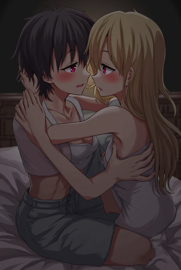 Perfect human body、1 boy,1 girl、A couple、heterosexuality、 NSFW, ((actual, Bedrooms)), (very highly detailed background), (((Stand next to the girl、Guy kisses girl))),  Oversized white T-shirt、mini-skirts、鎖骨,Oversized chest， Convex milk，((woman with fever)), ((perspiring,steamy,Upper grades))), 、mini-skirts、((The expression of coloce flushed), 大男子气概的男人Stand next to the girl、looking at viewert,