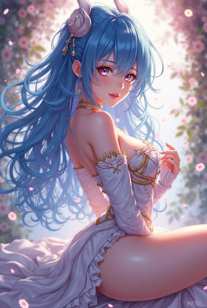 An anime-style Full shot of a hot cute girl with a long ponytail and light blue hair. She is wearing a white princess sleeve dress with a shoulderless top. She has a diamond crown on her head and a diamond necklace around her neck. She is also wearing a golden bracelet on her wrist. The girl is sitting in a bed in a castle. The background is blue. Full skirt white colour