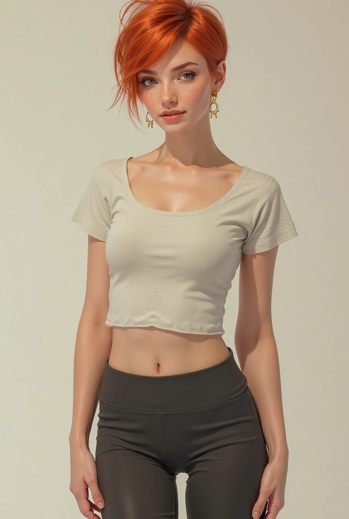 Masterpiece, high quality, full detailed, !(beautiful girl smiling), !(She has long, 16k, HDR, RTX, photorealistic, 1 beautiful redhead woman with small freckles on her cheeks, cute, lips, red lipstick, long hair, looking at viewer, makeup, nose, realistic, (completely body), redhead woman with freckles, raw photo,studio_shot,uhd, dslr, soft lighting, high quality, film grain, cute, lips, long hair, looking at viewer, makeup, nose, realistic, (complete body), raw photo, studio_shot, soft lighting, high quality, film grain. 20 Jahre alt, sexy,charming woman with a touch of elegance,Best Quality, Masterpiece, High Resolution, 8K, (Realistic: 1.4), Ultra High Resolution, 1 Girl, Ultra Detailed, Surreal, Highly Detailed CG Illustration, Official Art, Cinematic Light, Reality, Young Beautiful Girl, Perfect Figure, Perfect Figure, Full View, Perfect Body, (Starting below: 1.3), Mask, Pose, Sexy Long Legs, Confident, Beautiful Sexy, Grey Short Sleeves, Open Abdomen, Black Super Shorts, S-shaped Body, Upturned Hips, Assuming, Posing, Different Perspectives