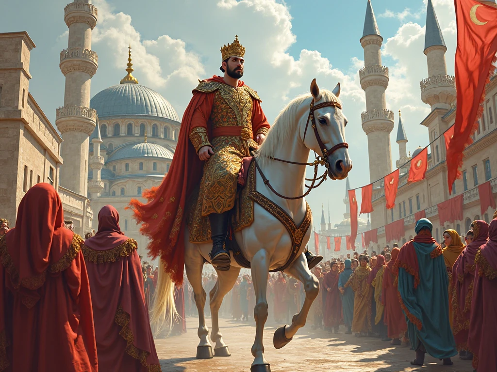 Animated picture of a rich Muslim man walking on a palanquin with thousands of guards carrying his wealth 