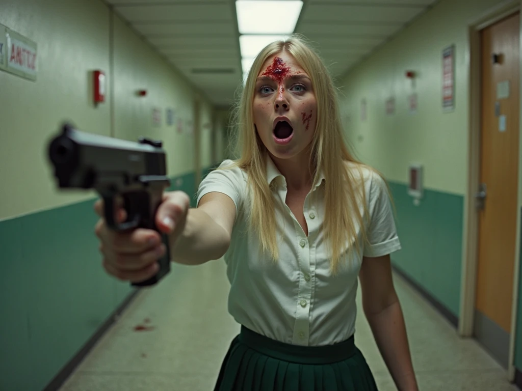 On a bed with blood stains is a young adult blonde woman in a sexy maid outfit on her knees, She is furious with an angry face and opens her lips showing her teeth, In front of her there is a policeman standing at the door who looks at her and points his gun at her, Full body view, view from one end of the room, Hyper-realistic image quality, perfect camera resolution, excellent natural lighting