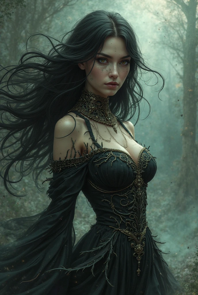 (best quality,4k,8k,highres,masterpiece:1.2),ultra-detailed,(realistic,photorealistic,photo-realistic:1.37),beautiful woman, dark version of Persephone, guards, dark, portraits, shadows, mysterious atmosphere, flowing dark hair, strong and confident eyes, hauntingly beautiful face, ethereal beauty, glowing moonlight, elegant and flowing dress, subtle yet powerful expression, mythical undertones, delicate and intricate details, dramatic lighting, contrast between light and darkness, supernatural elements, enchanting aura, subtle hints of nature elements, depth and richness in colors, magical and otherworldly, intense emotions, gothic vibes