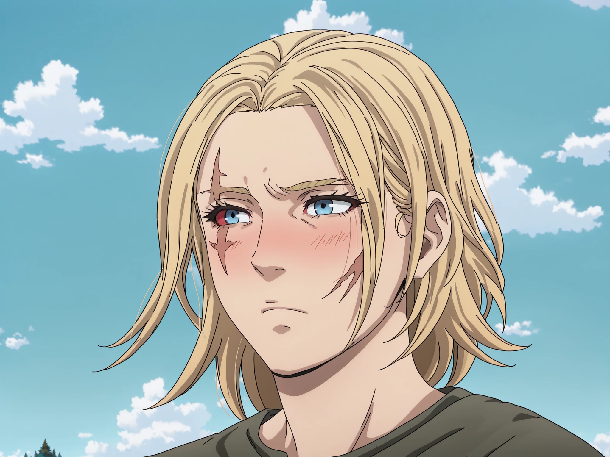 score_9, score_8_up, score_7_up, source_anime, intricate details, (anime screencap, flat shadows, 2d:1.2) perfect eyes, detailed eyes, detailed face, detailed background, forest, portrait, Vinlandsagastyle-IL.V1.0, green bandana, slight blush, closed mouth, unfazed, neutral face, uninterested , blonde hair, blue eyes, long hair,(one red eye,  one red esclera:1.2), face scar, hair down, looking away, green shirt