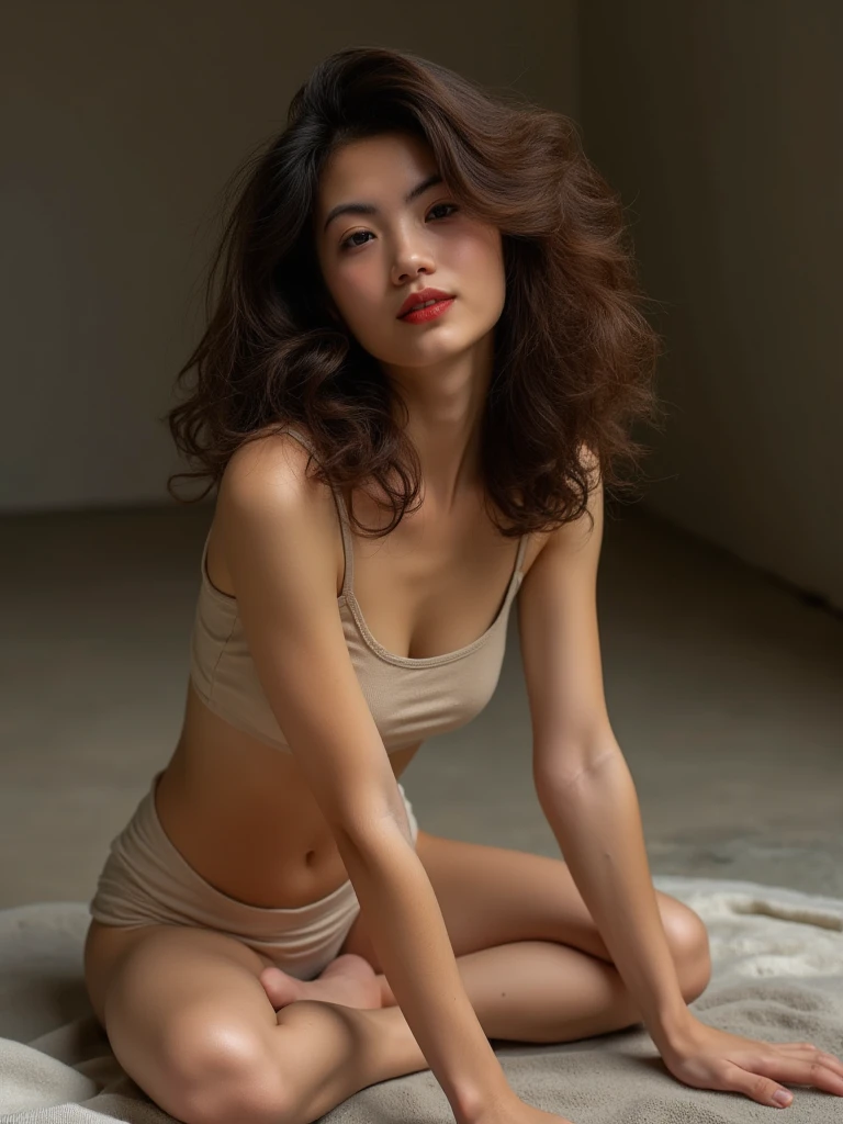 Tall Brazilian woman, 精致的面容, fleshy lips, small, rounded nose, brown eyes with indigenous features, wide hip, medium length curly hair, dark skin tone with reddish undertones.