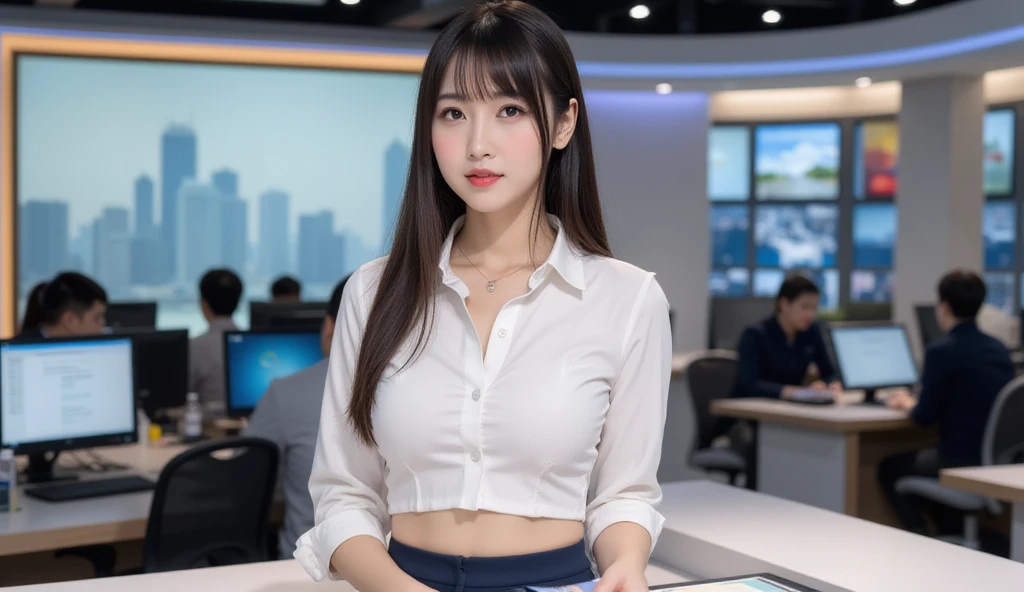 ((highest quality, 8K, masterpiece :1.3)), (Japanese cute newscaster), smile, (white shirt, black mini skirt), Beautiful and detailed TV studio, (Sitting on a chair in front of the table ,Documents on the table), clean and tidy, Live News Broadcast, (Very large monitor displaying charts on the wall), Highly detailed face and skin texture, (big breasts), necklace, Spotlight,