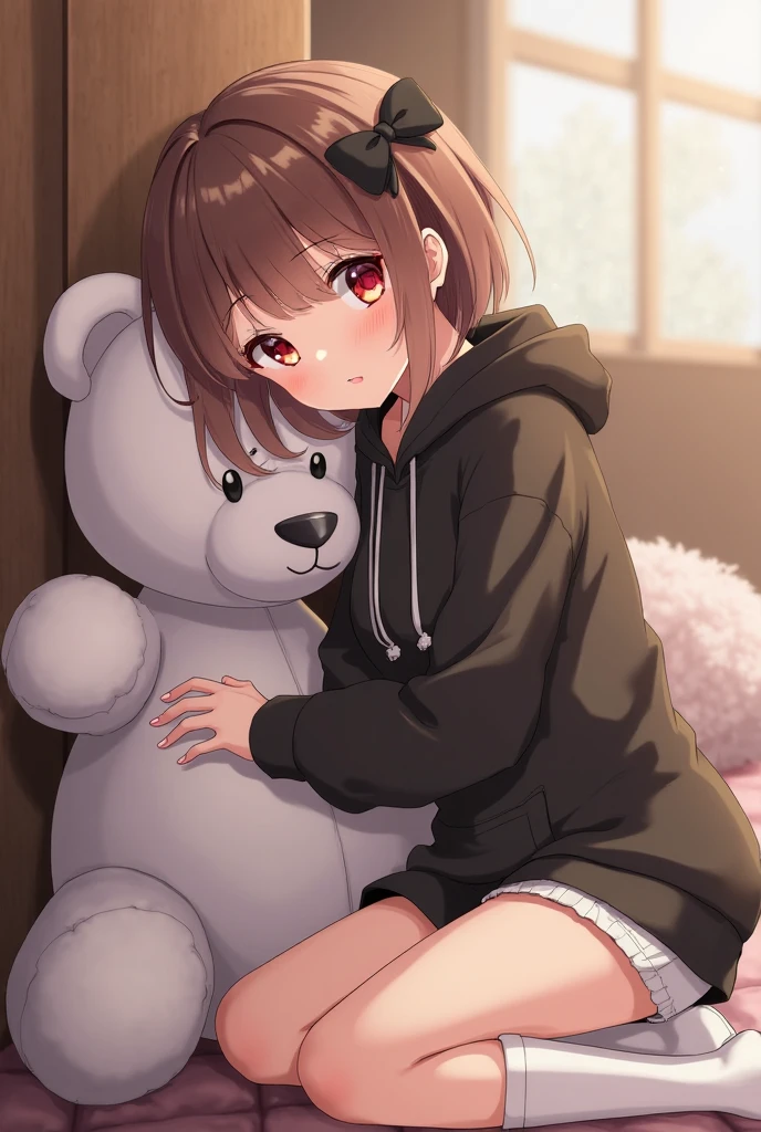 beautiful cute girl,((brown hair:1.2)),(Medium wave hair:1.1),(Starlight beige eyes:1.2),(cute bear:1.2),((lace:1.2)),(首を傾げる:1.3),((Happiness:1.1)),(sitting on the floor with one's legs tucked under to one side:1.15),close-up Face,((play room:1.0)).