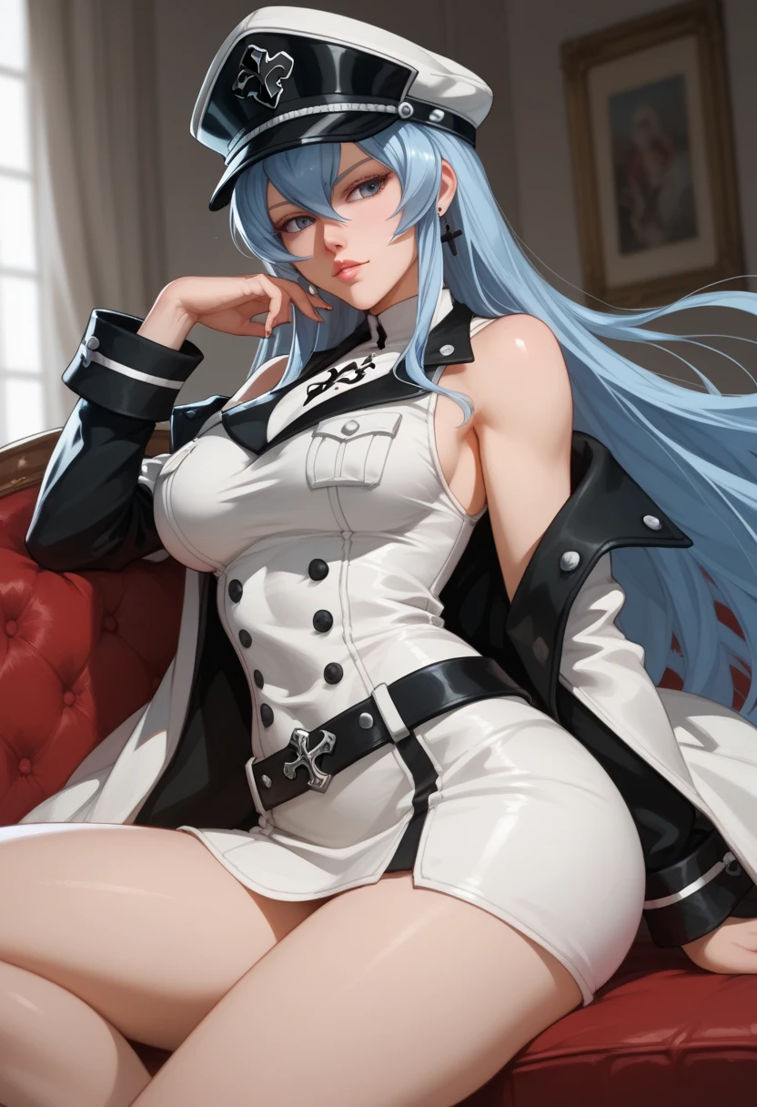 realisitic、top-quality、sit on sofa、((One Woman:1.5))、Silver hair、Long hair、inside in room、Police Officer Cap, Black jacket、Open your clothes , White PVC Bikini、Lace gloves,Medium chest