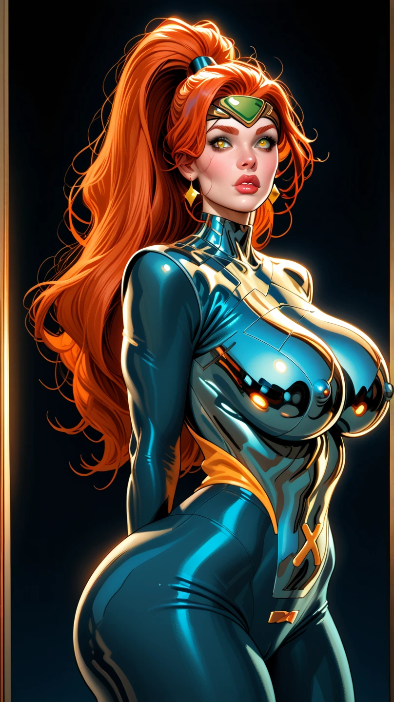 see-through clothing, Jennifer Korbin, ginger hair, seductive, lesbian, futuristic golden leotard