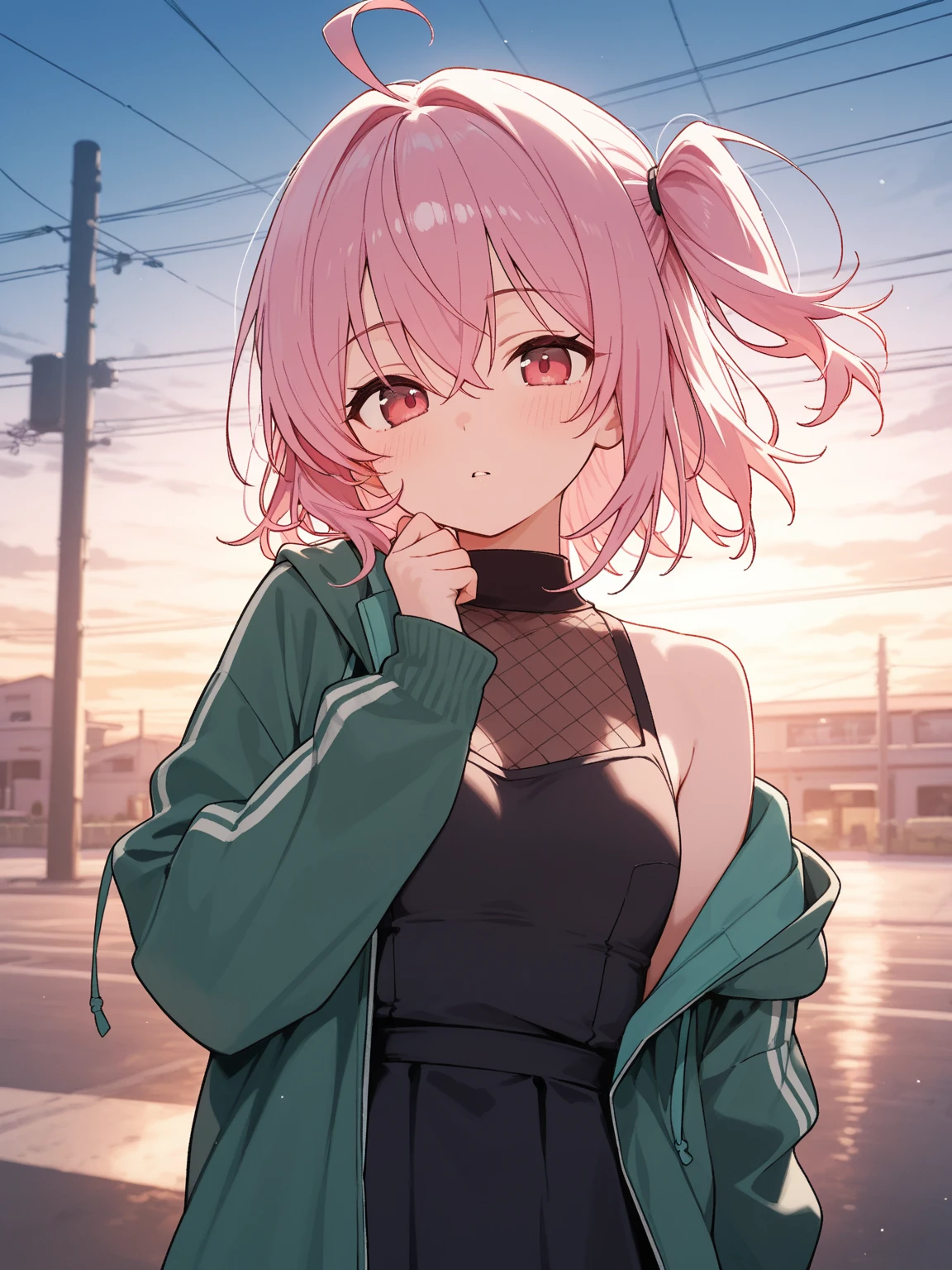a woman, pink hair ,pink eyes, bright Eyes, mini skirt, LOW LOW SHORT TOP, skinny, sexy, short hair, Italy, WALKING SMILING
