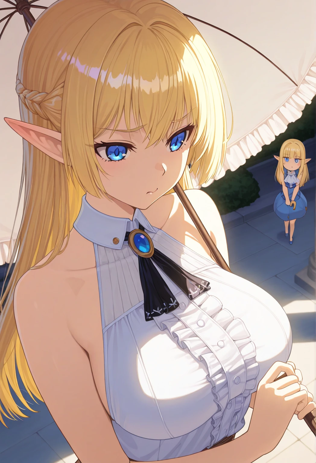 (2girls:1.5), (closeup breasts and face: 1.4), (cleavage: 1.1), (minigirl in the palm of the hand of a giantess: 1.4), (commoner clothes: 1.1), (adventurer girl: 1.2), (gambeson), armor, (forest: 1.5), ( (giantess: 1.2)